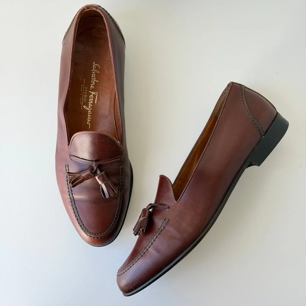 Vintage Salvatore Ferragamo Tassel Loafers Mens 9.5 D Brown Leather Dress Shoes